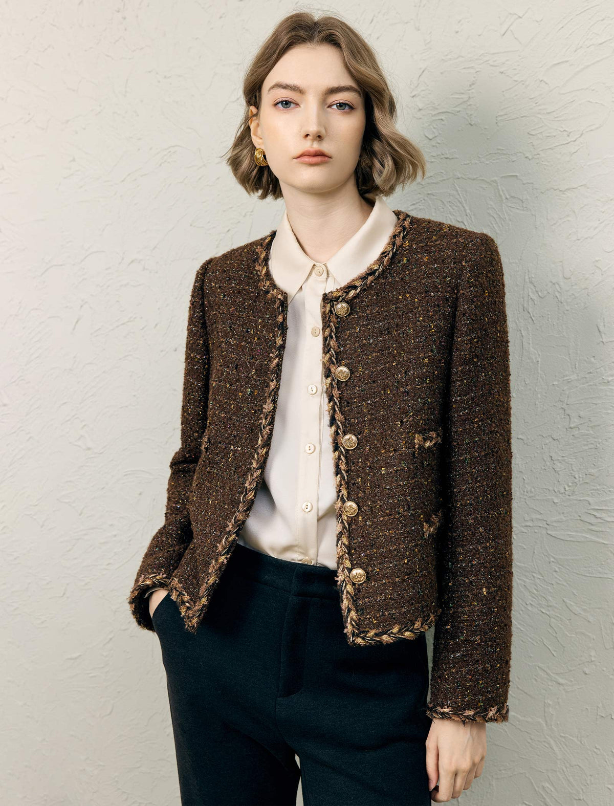 Wool Blend Shimmer Crewneck Button-Front Cropped Jacket