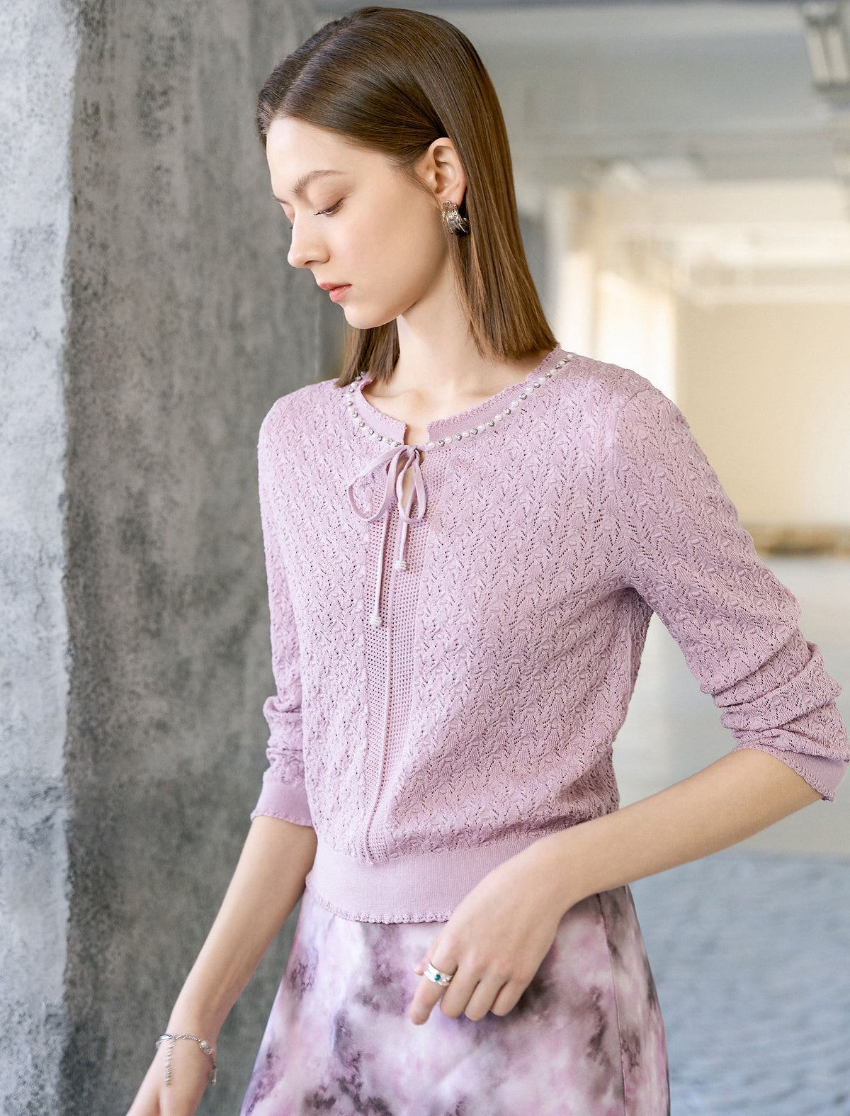 Tencel Eyelet Knit Tie-Neck Sweater