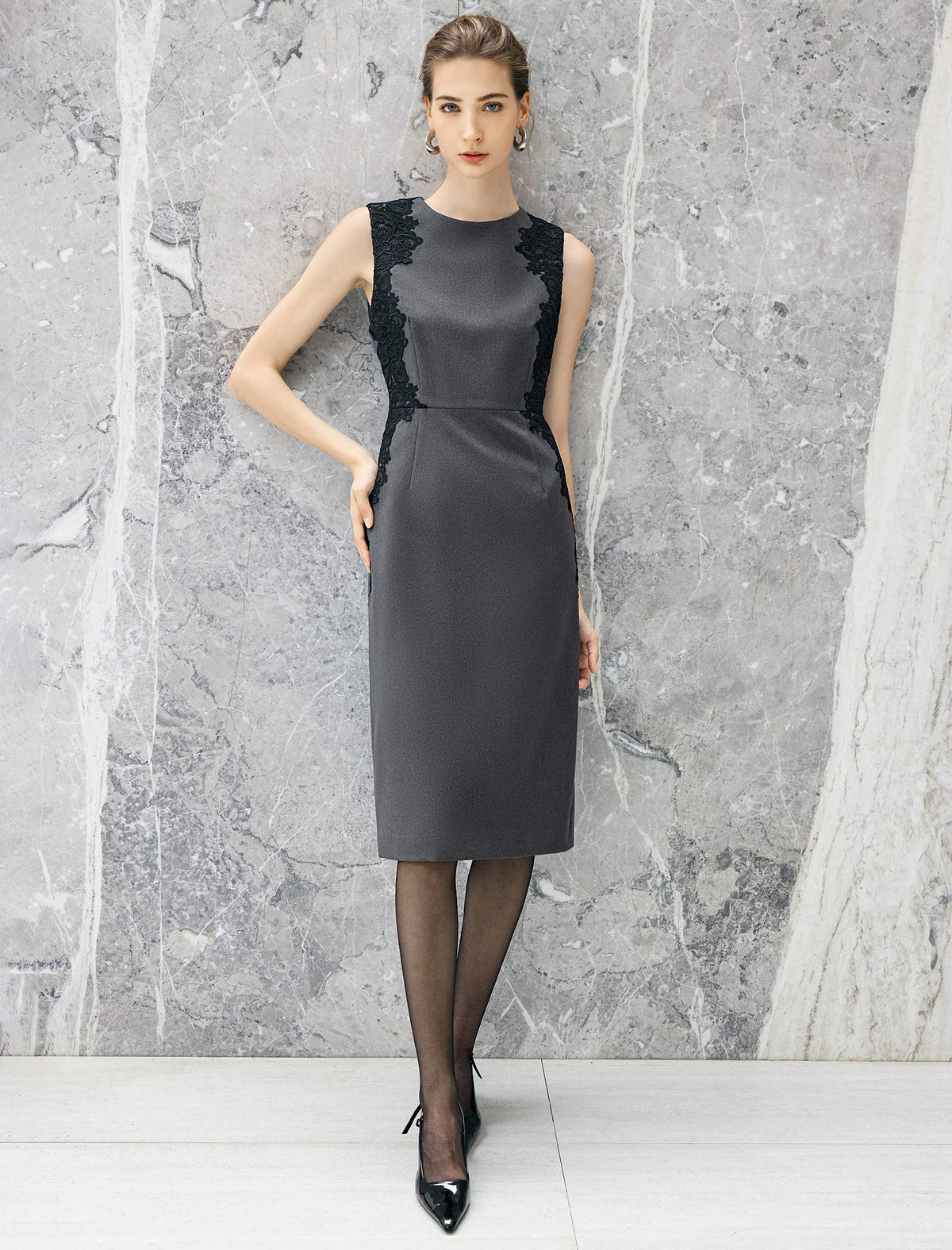 Wool Blend Lace Crewneck Sleeveless Dress