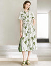 Green Floral Print Collared Short Sleeve Shirt Midi Dress