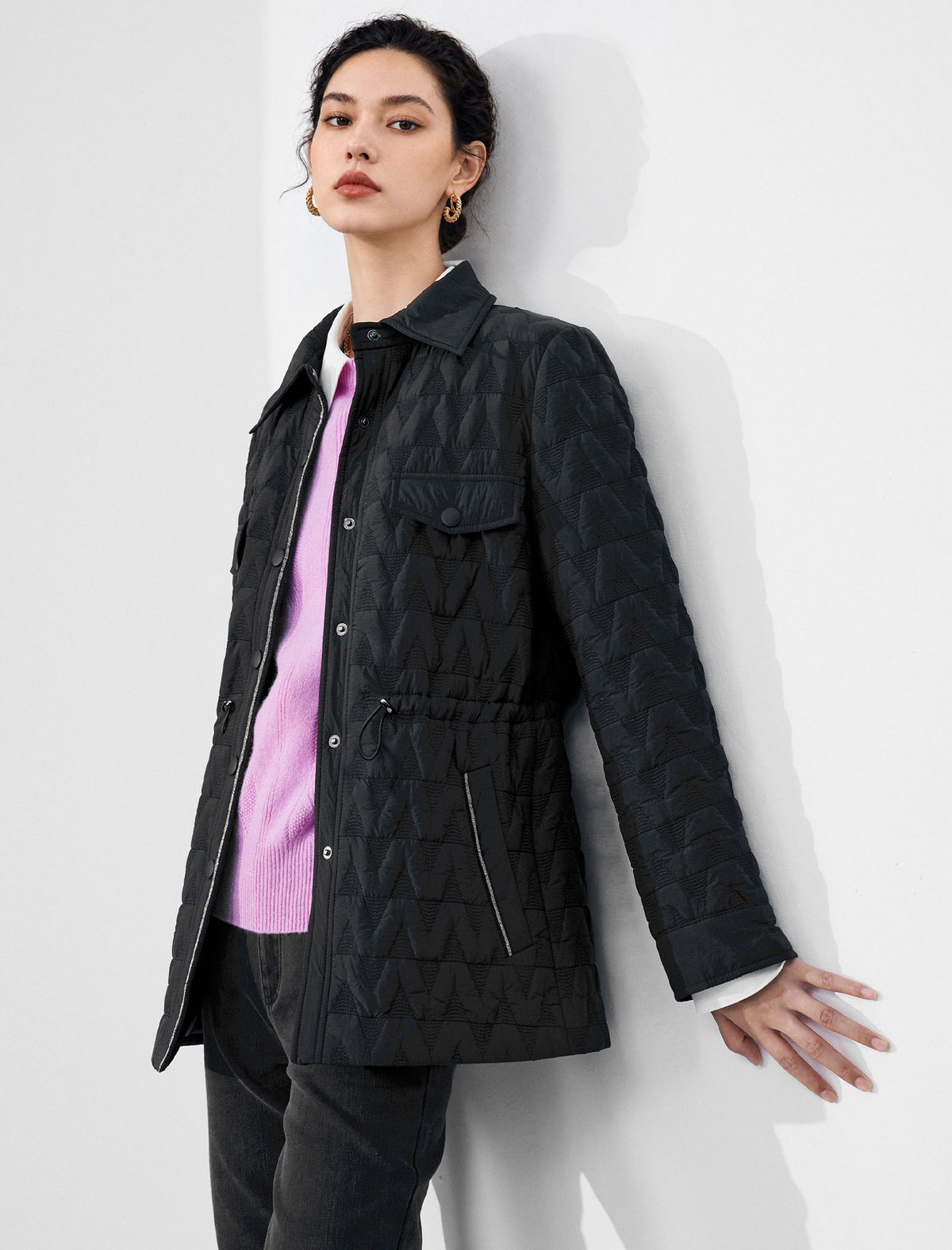 Embroidered Drawstring Pocket Fitted Padded Coat
