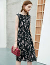 100% Mulberry Silk Black Botanical Sleeveless Midi Dress