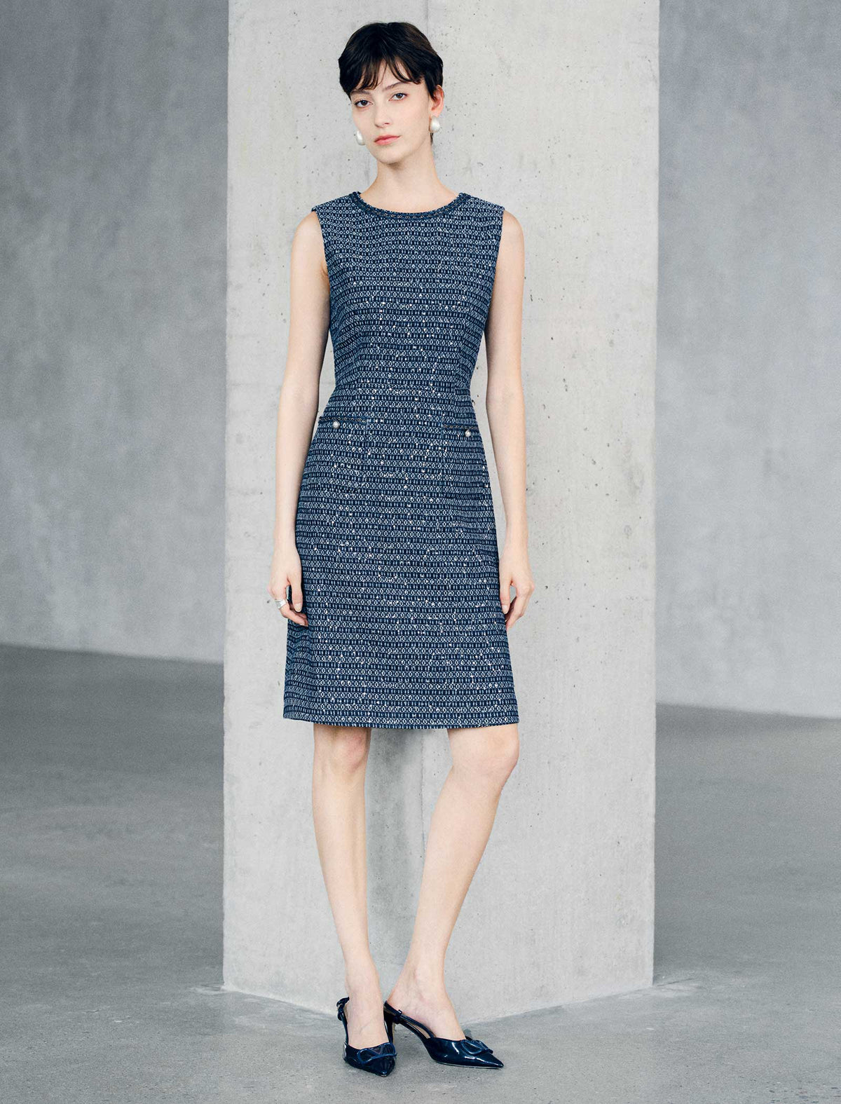 Sleeveless Tweed Midi Sheath Dress