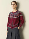 Burgundy Fair Isle Knit Crew Neck Button Front Cardigan