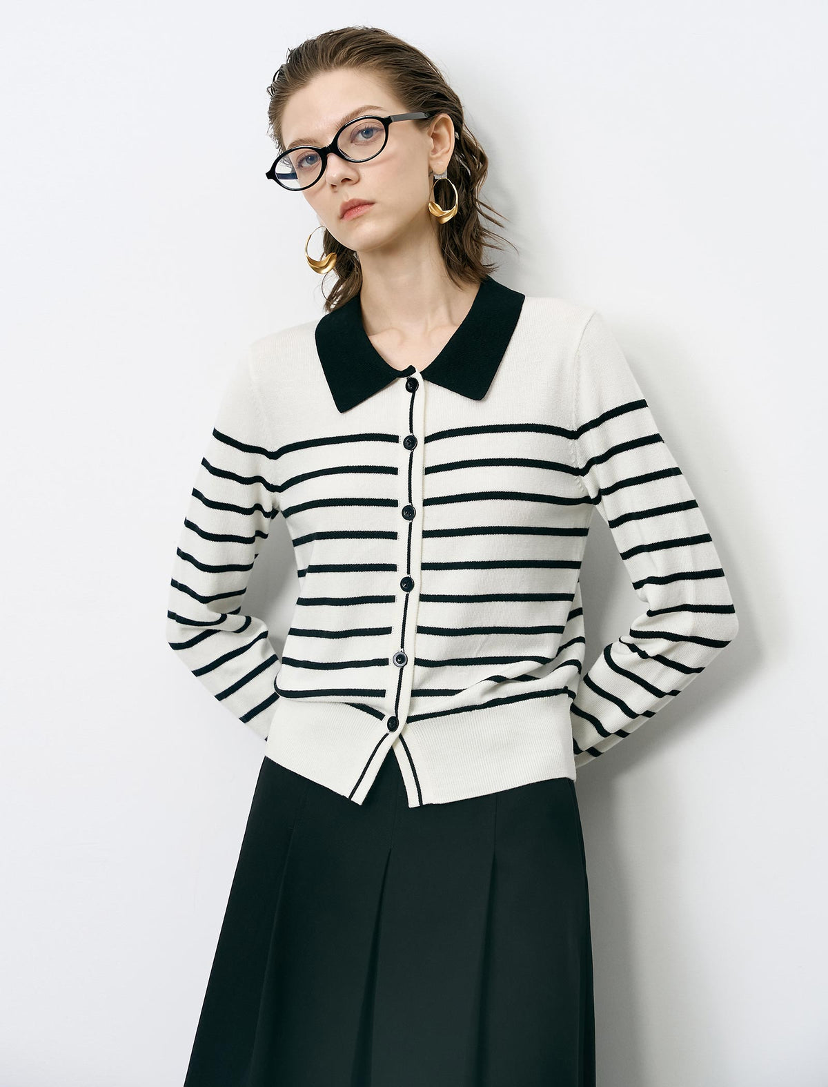 Striped Lapel Slim Fit Long-Sleeve Knit Sweater