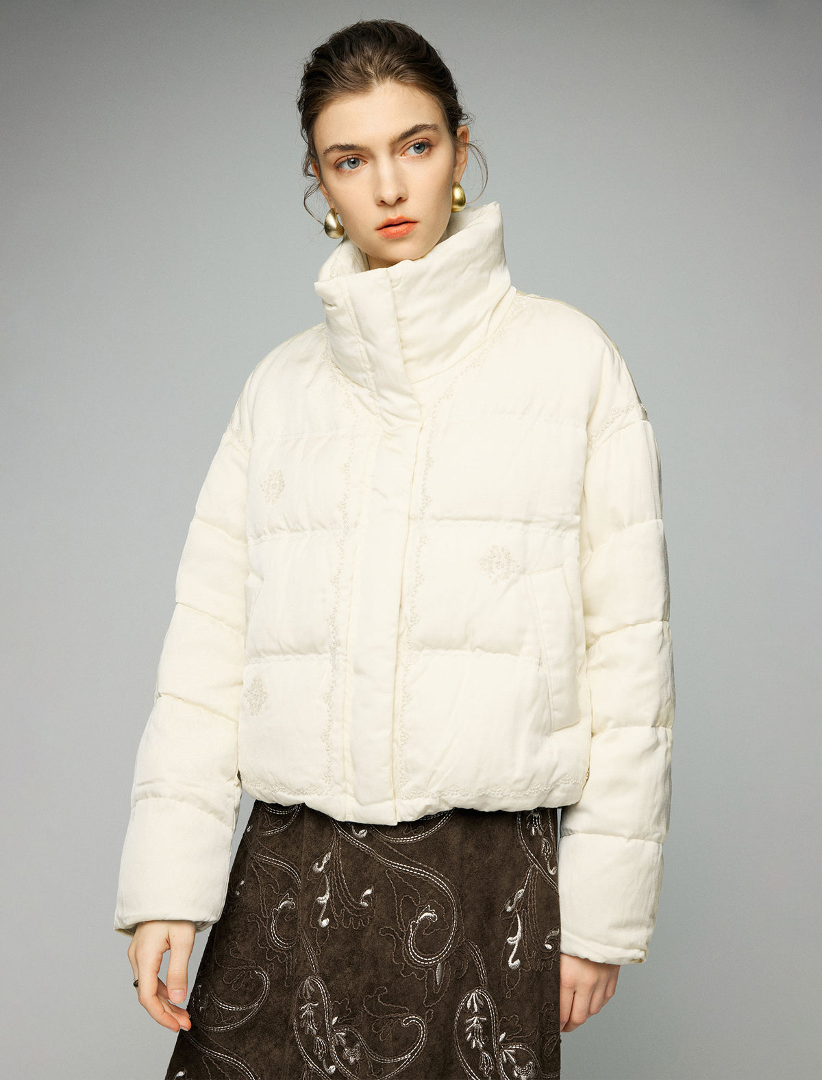 Textured Stand-Collar Zip-Front Cropped Puffer Jacket