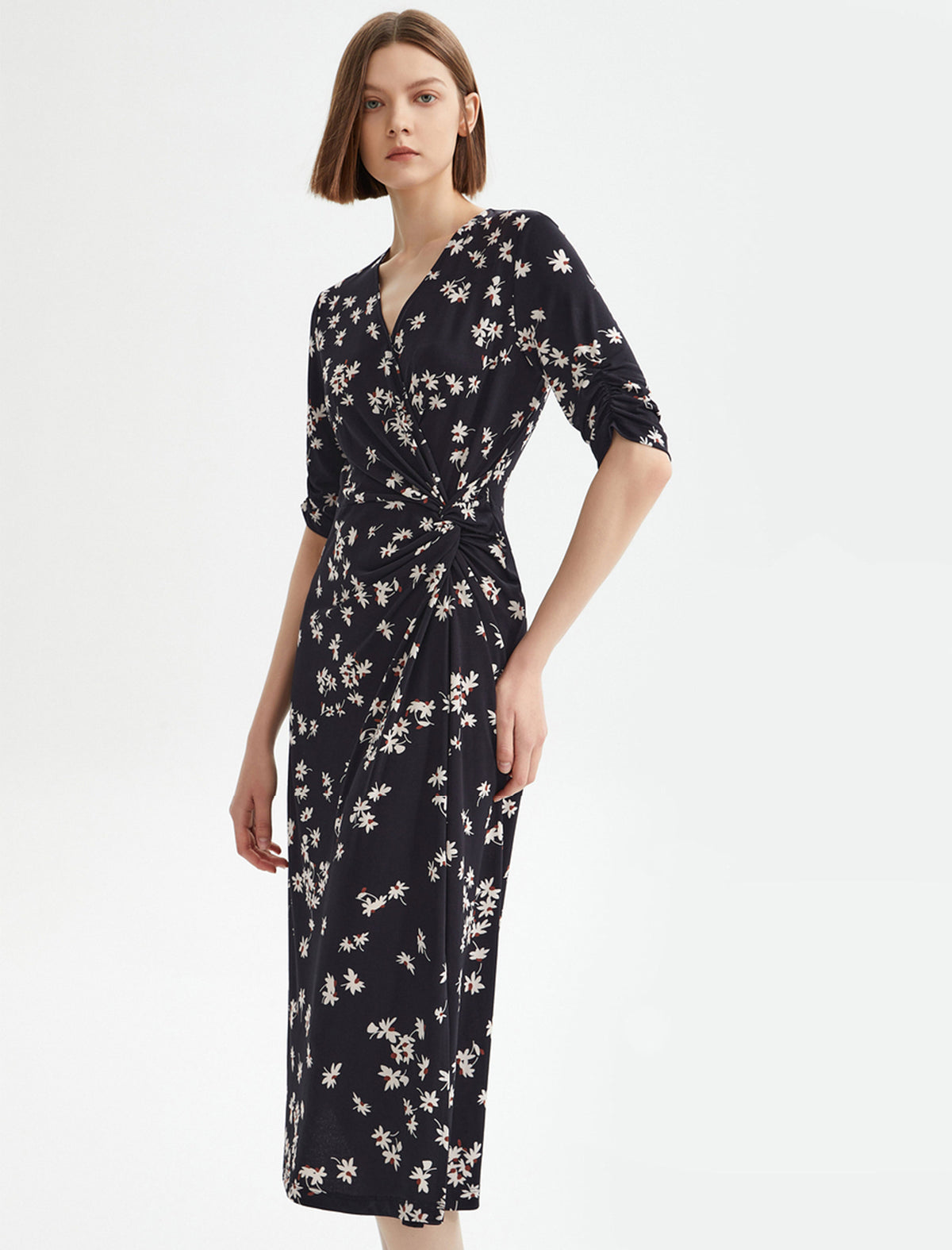 Floral Print Wrap Side Slit Midi Dress