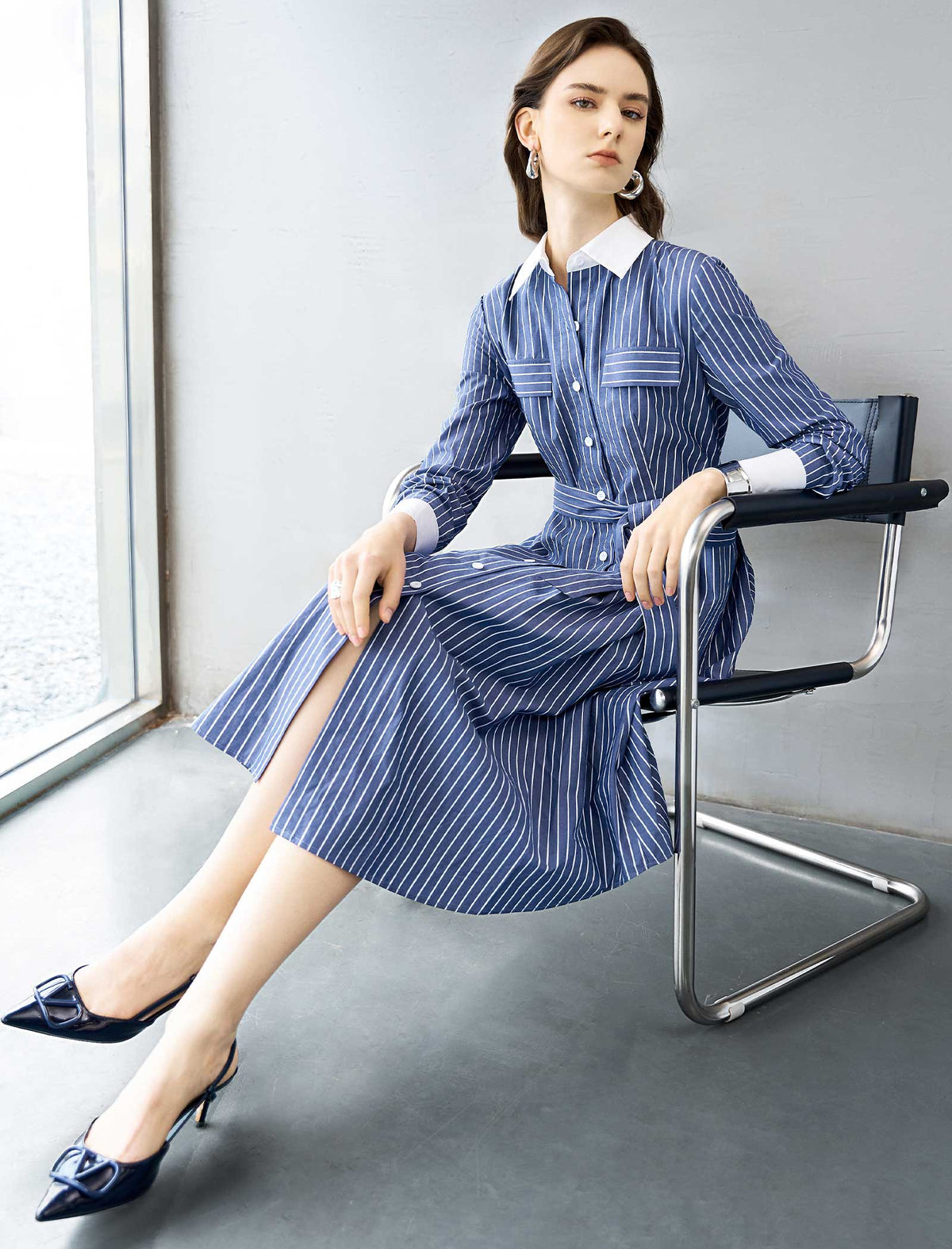 Striped Shirt Cotton Midi Dress