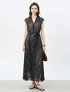 Black Sequin Floral Lace Tie Waist Cap Sleeve Maxi Dress