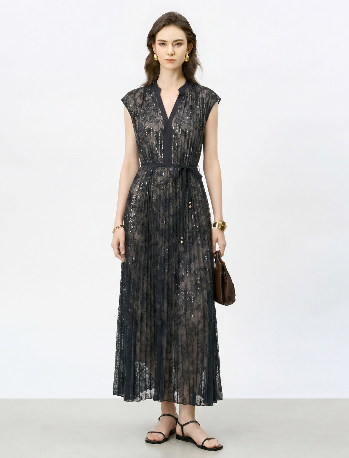 Black Sequin Floral Lace Tie Waist Cap Sleeve Maxi Dress