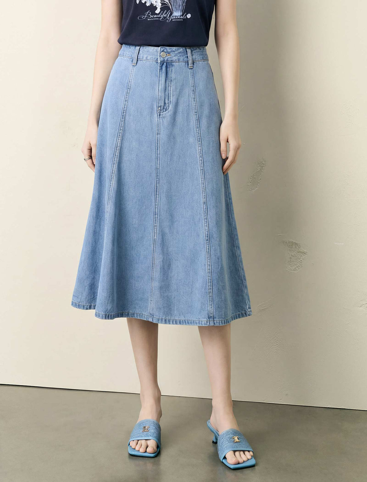 Paneled Soft Denim High-Waisted Midi Skirt