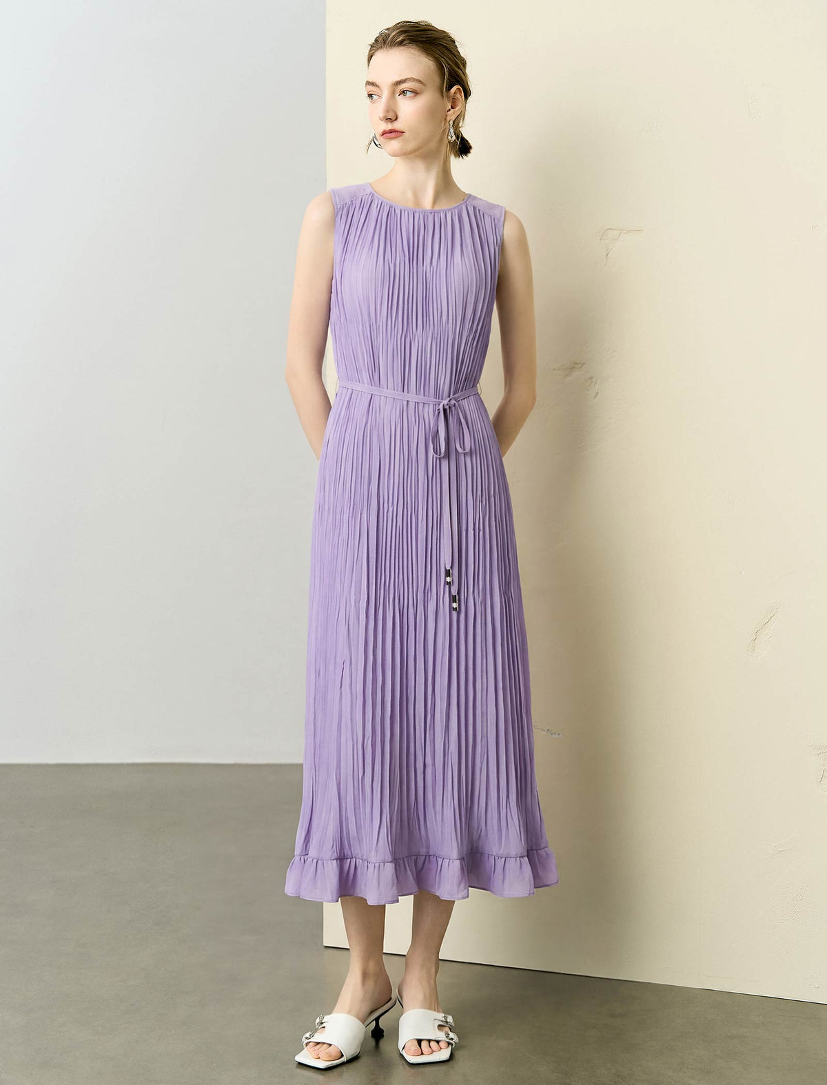 Lavender Waist Tie Ruffle Hem Pleated Sleeveless Midi Dress
