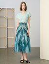 Green Blue Watercolor Print Chiffon Midi Skirt