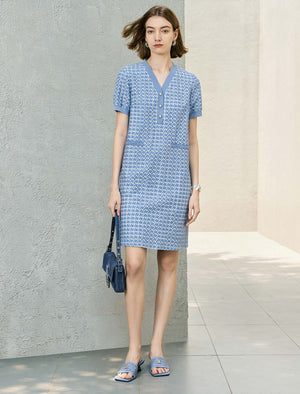 Blue Houndstooth Straight-Cut Dress