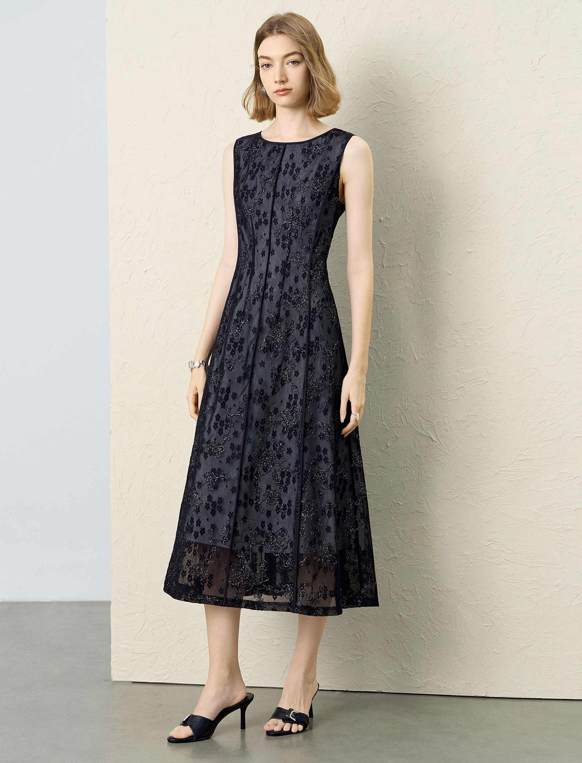 Black Floral Embroidered Mesh Midi Dress