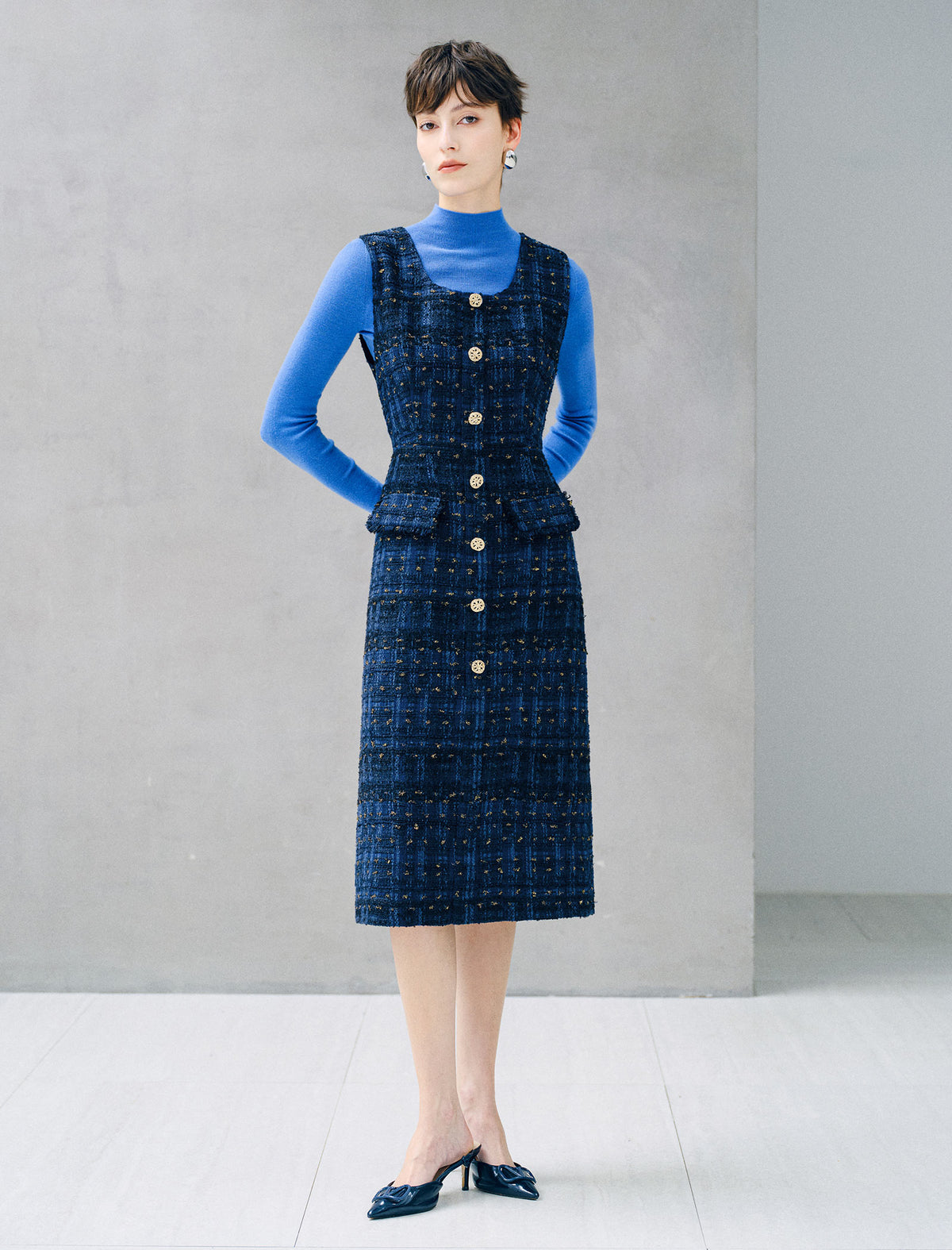 Metallic Thread U-Neck Sleeveless Shift Dress