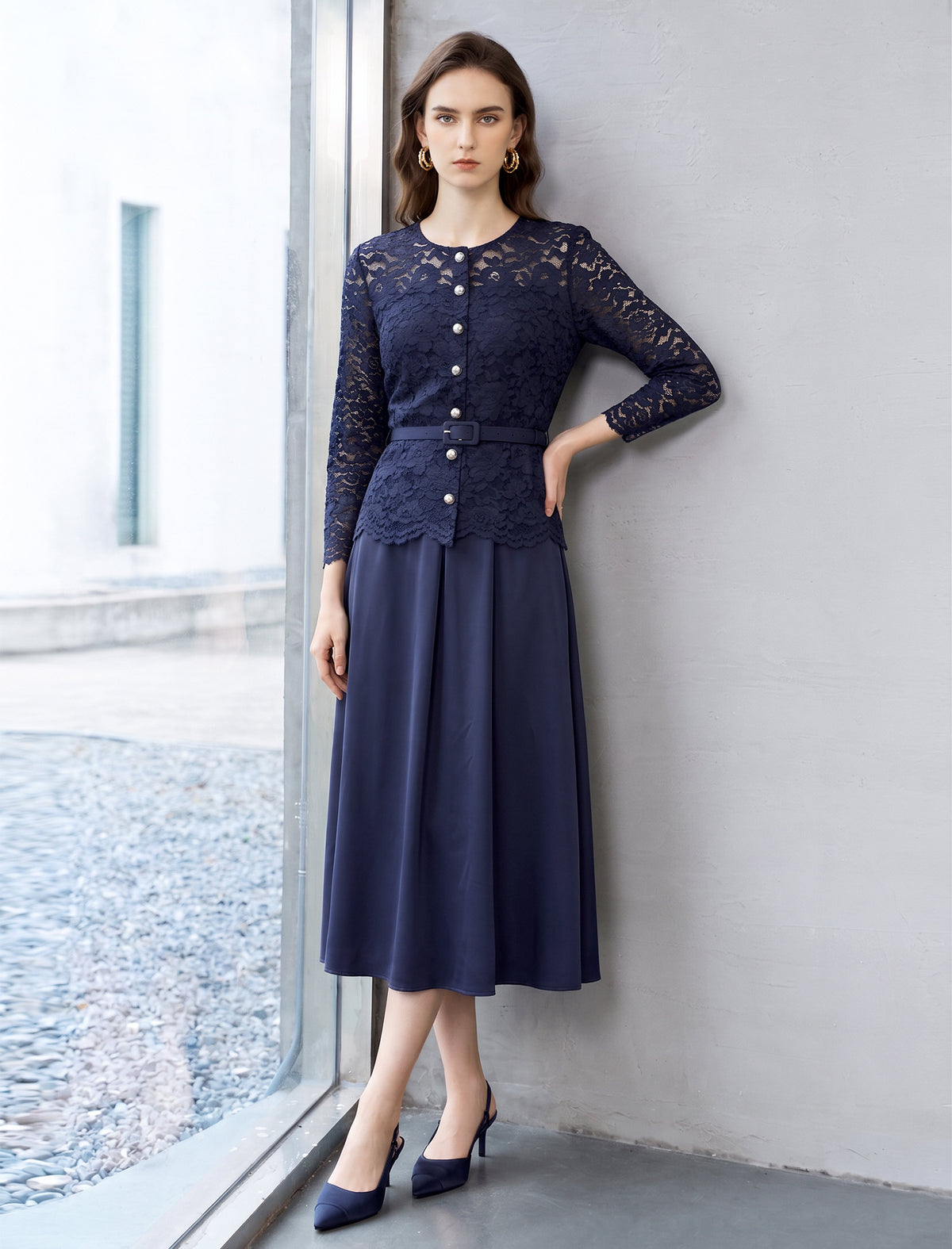 Elegant Lace Belted Midi Dress