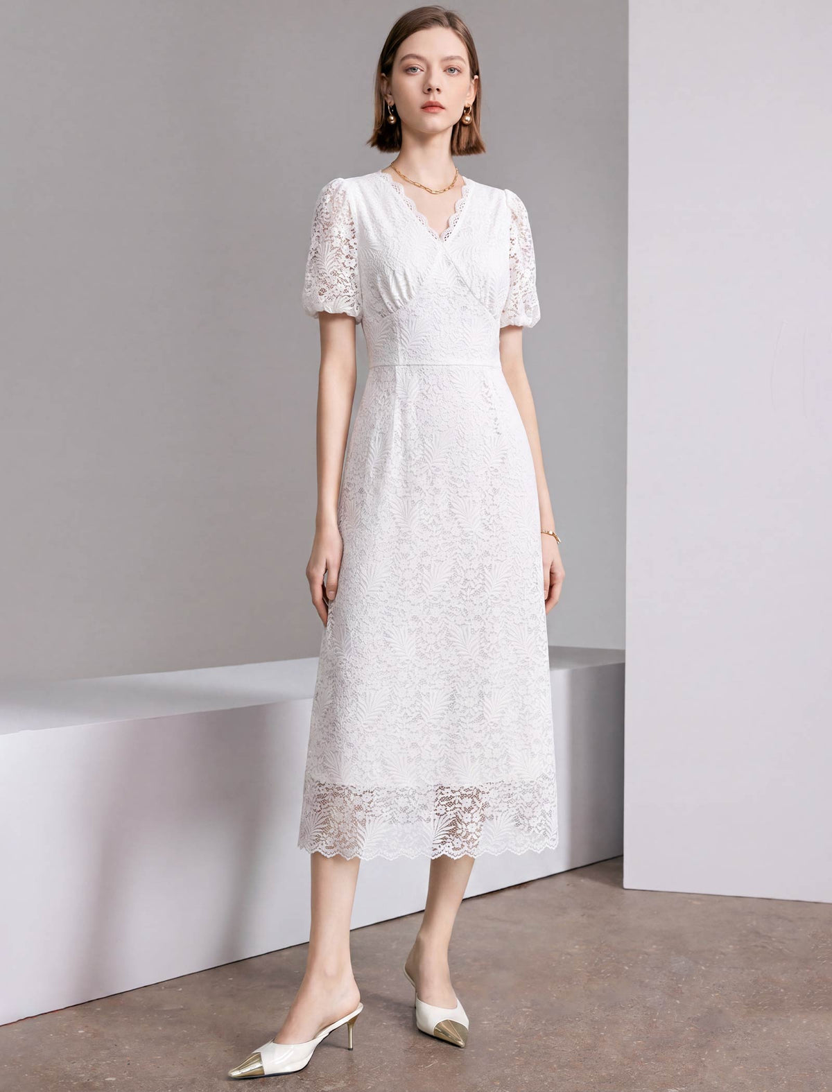 Lace Floral V-Neck Puff Sleeve Midi Dress