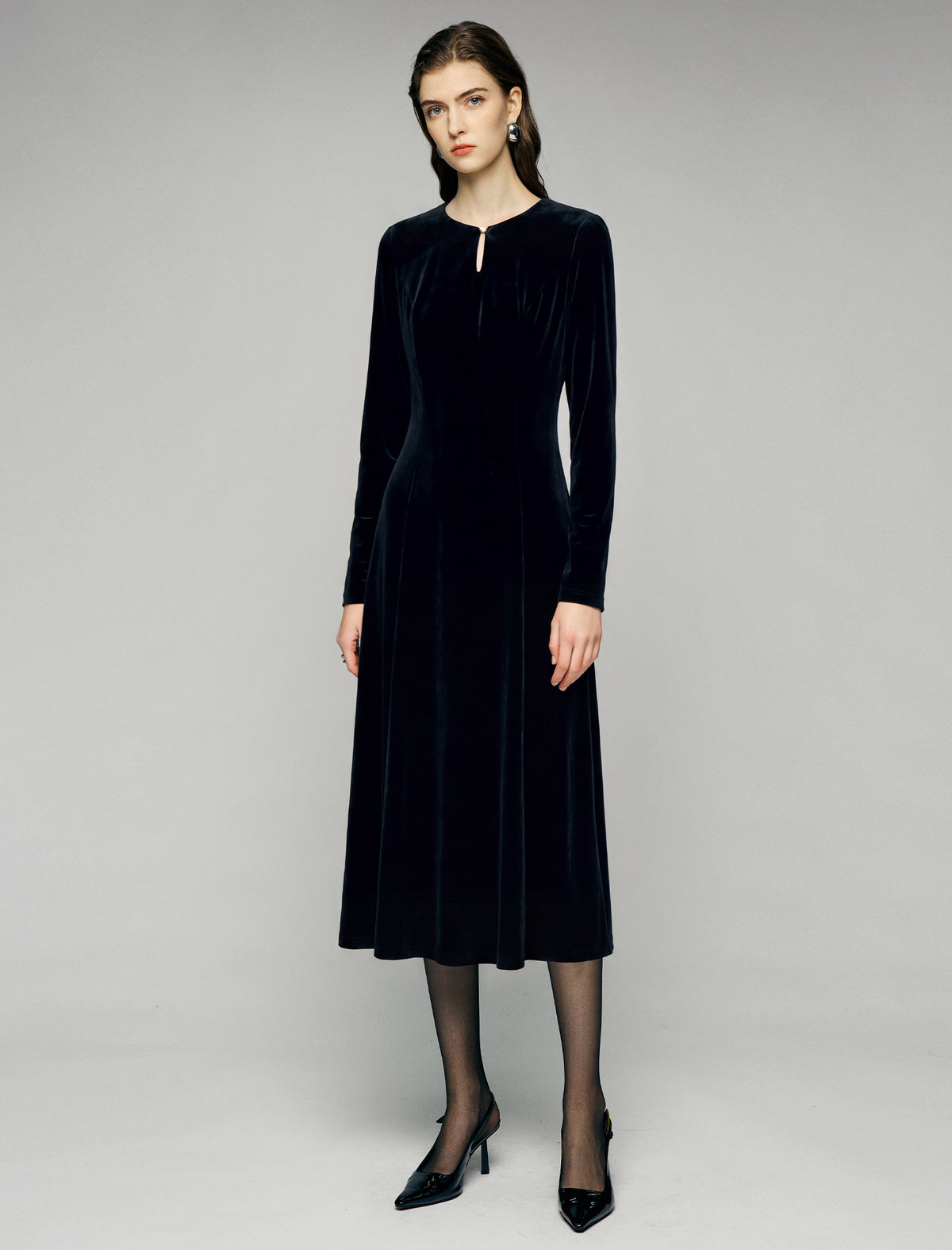 Velvet Keyhole Long Sleeve A-Line Midi Dress