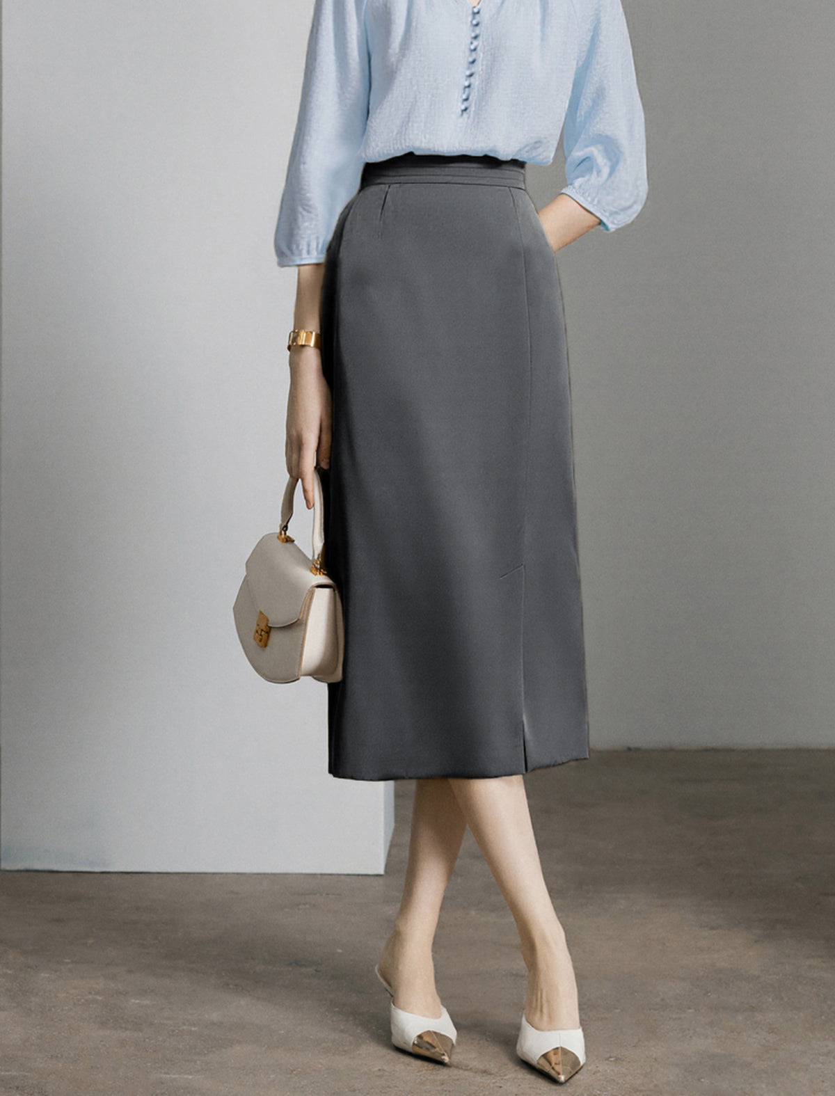 Gray High-Waist Straight Midi Skirt
