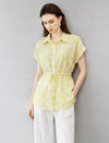 Yellow Geometric Print Tencel-Linen Drawstring Waist Blouse