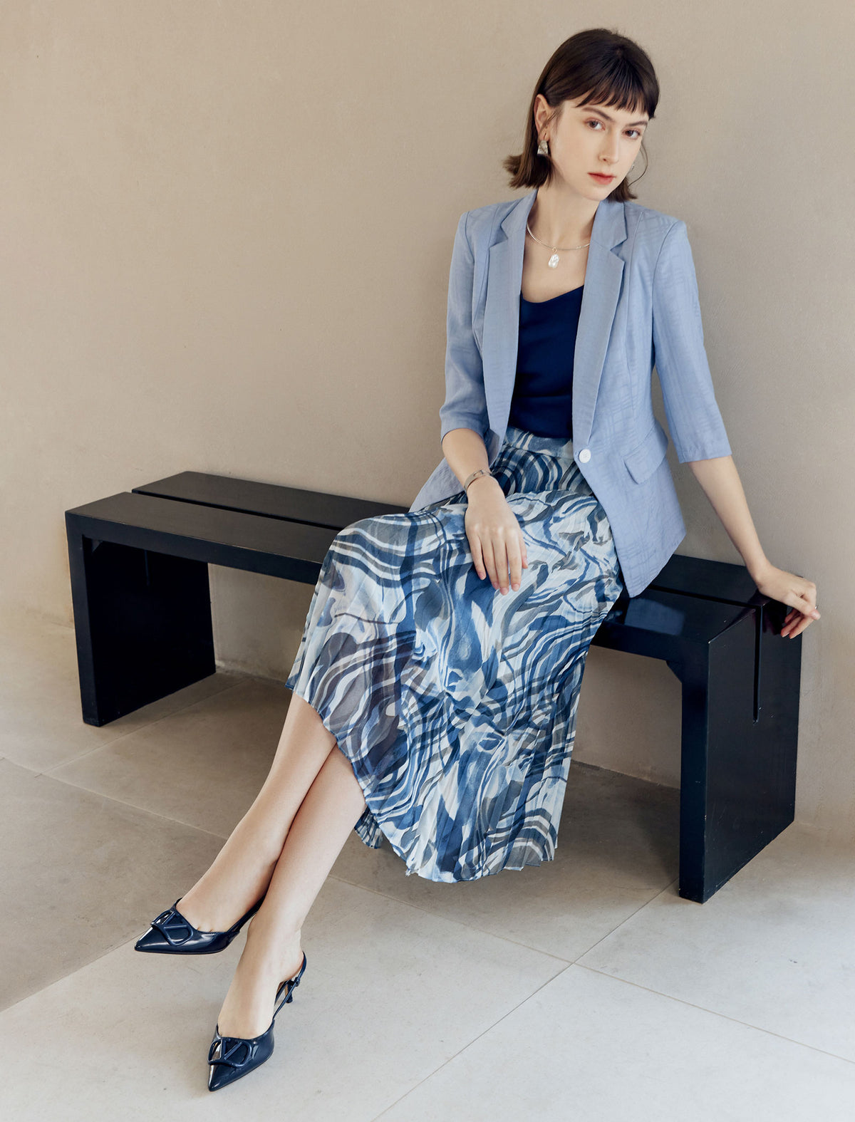 Blue Abstract Print Pleated Midi Skirt