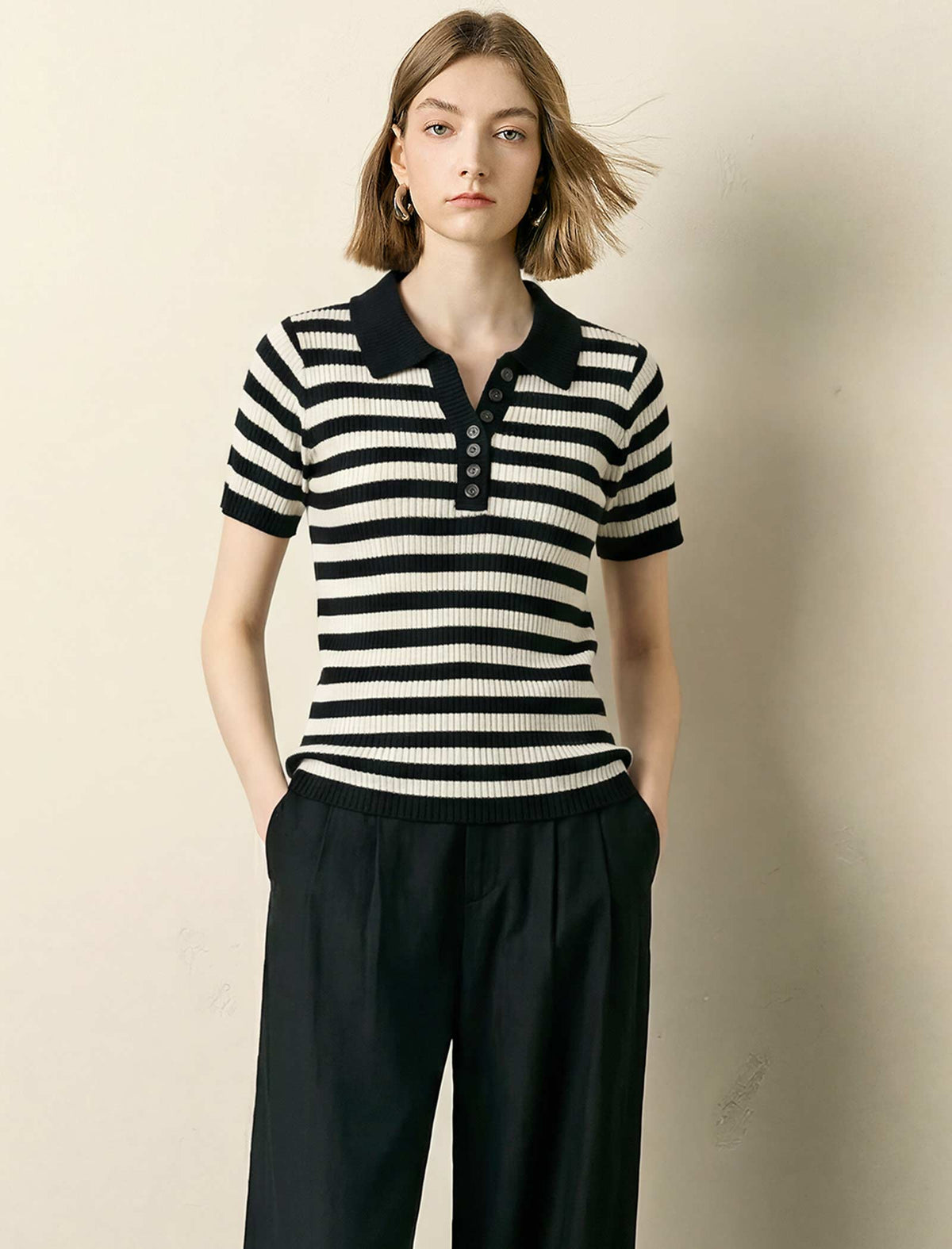 Stripe Polo Short‑Sleeve Knit Top