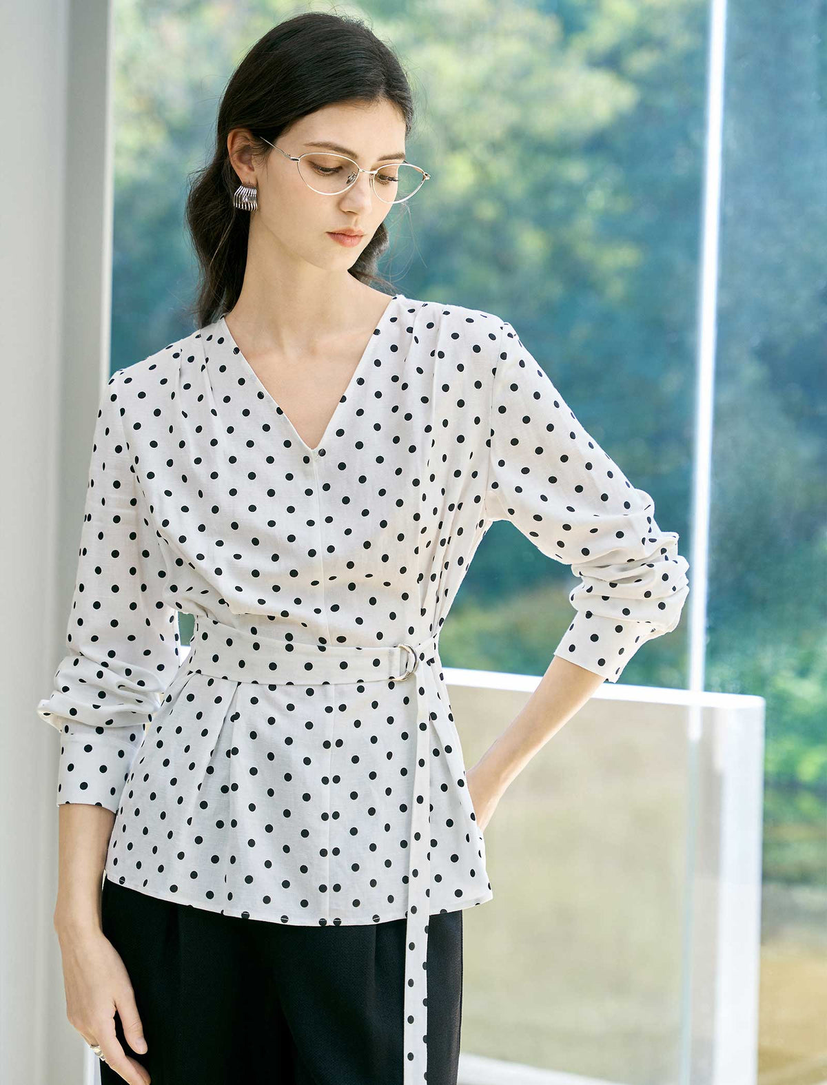 Polka Dot Tencel Linen Belted Blouse