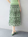 Green Abstract Print Pleated Midi Skirt