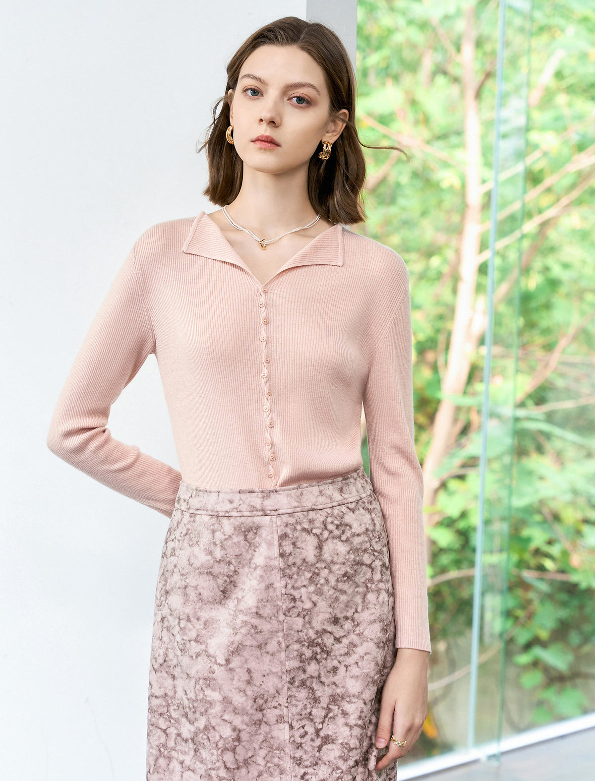 Notched Collar Full Button Long Sleeve Rib Knit Top