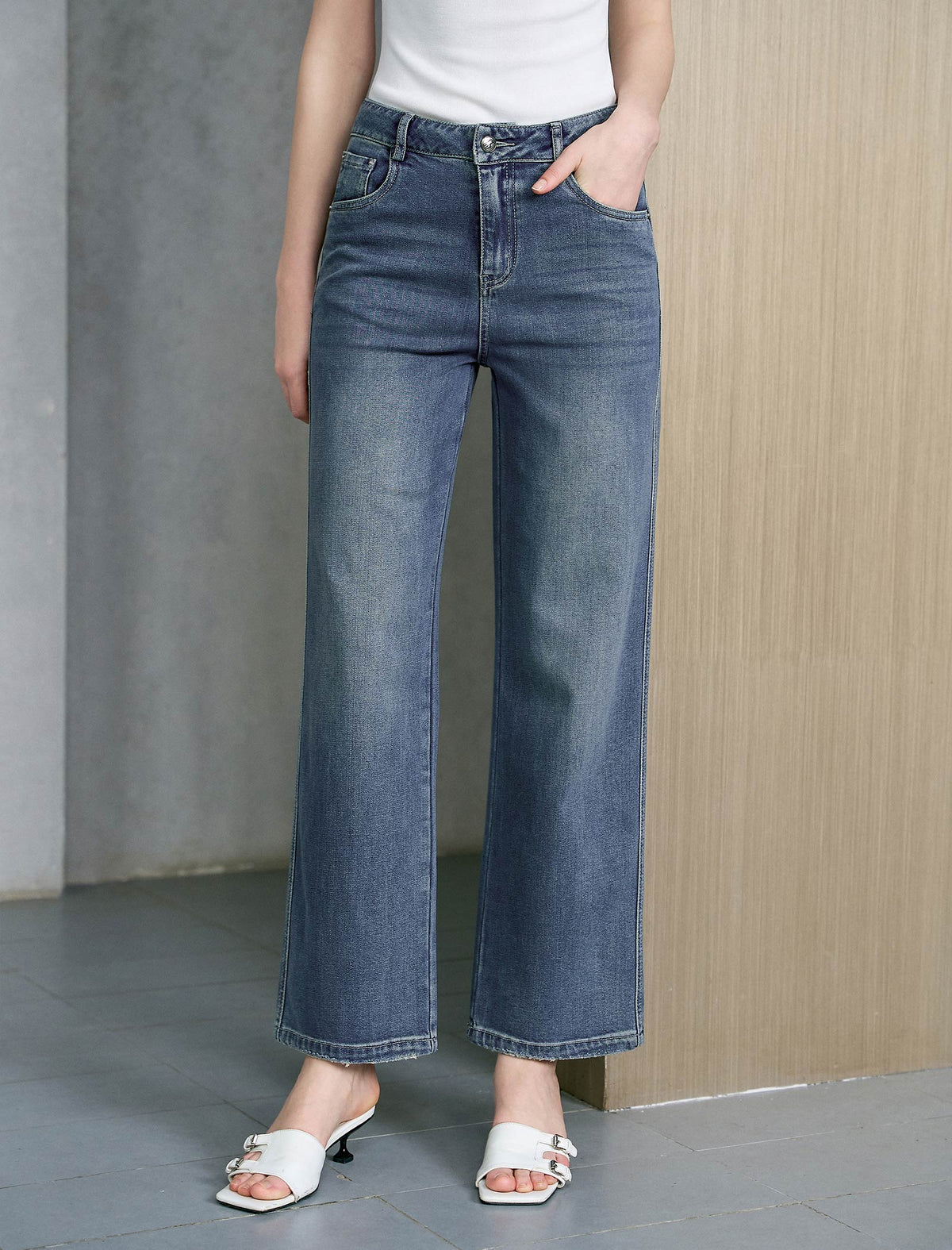 High Waist Stretch Straight Leg Ankle Length Jeans