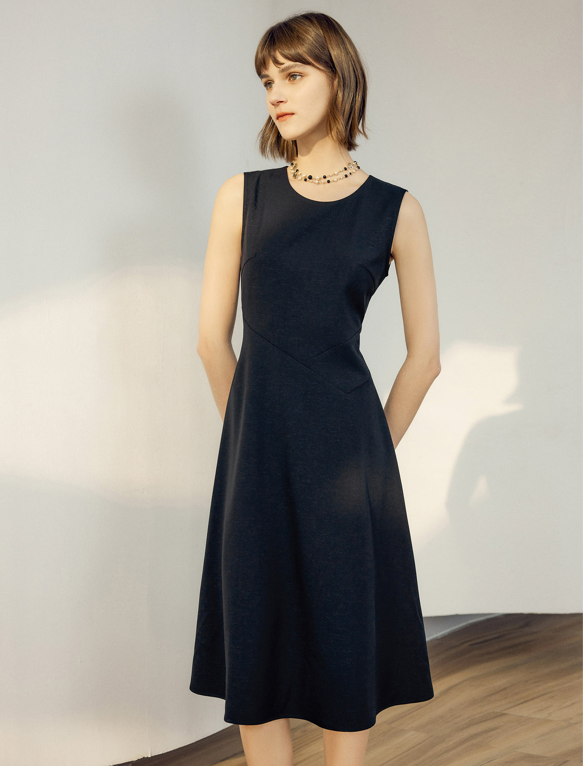 Sleeveless Shimmer Grid A-Line Midi Dress