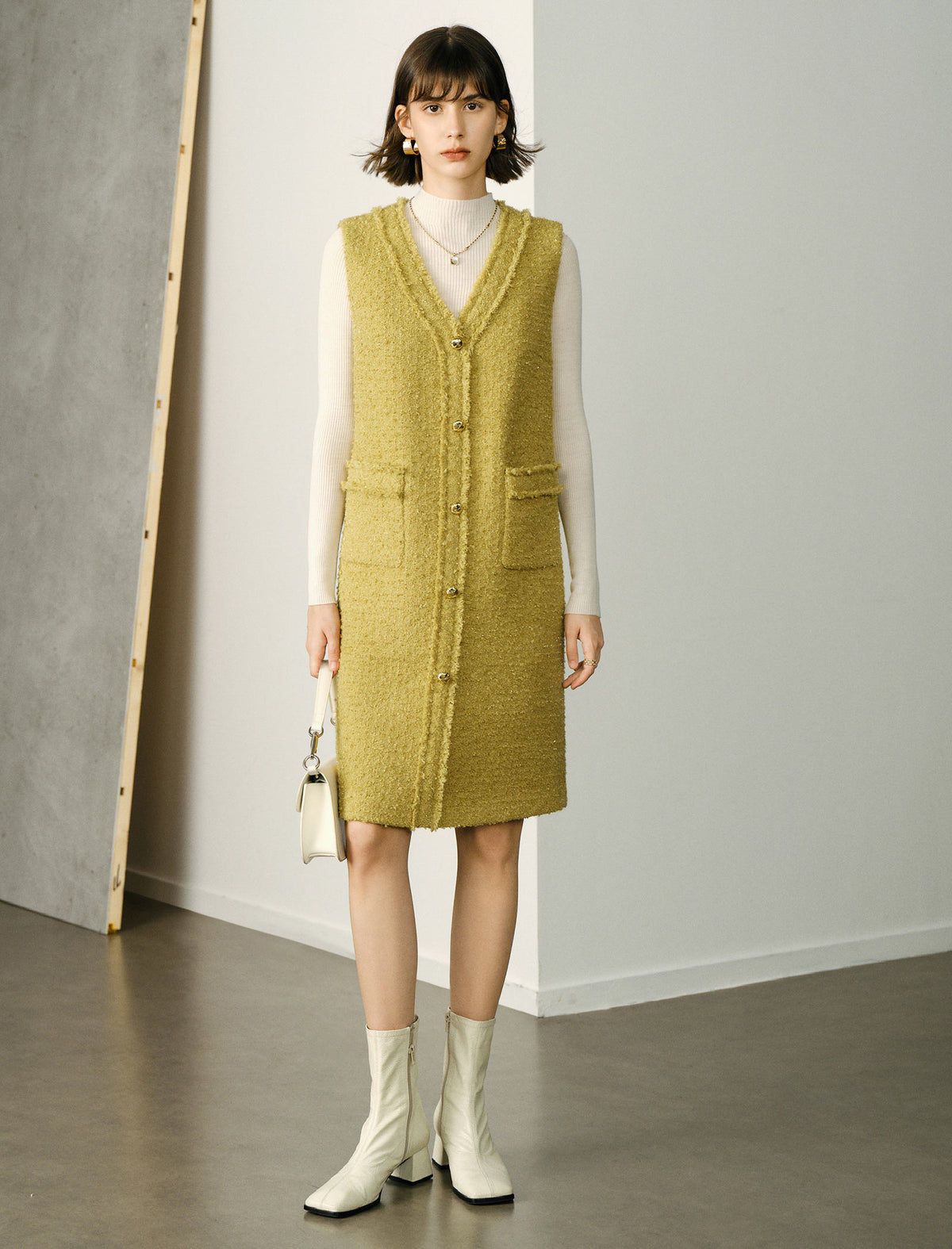 V-Neck Wool-Blend Sleeveless Knee-Length Dress