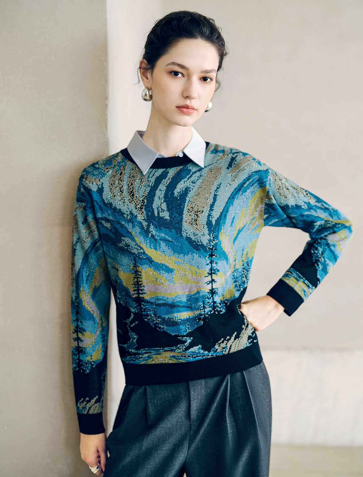 Vintage Landscape Jacquard Crew Neck Knit Top