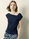 Navy Blue Asymmetric Neck Ruched Knit Top