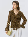 Brown Paisley Print Ruffle Chiffon Blouse