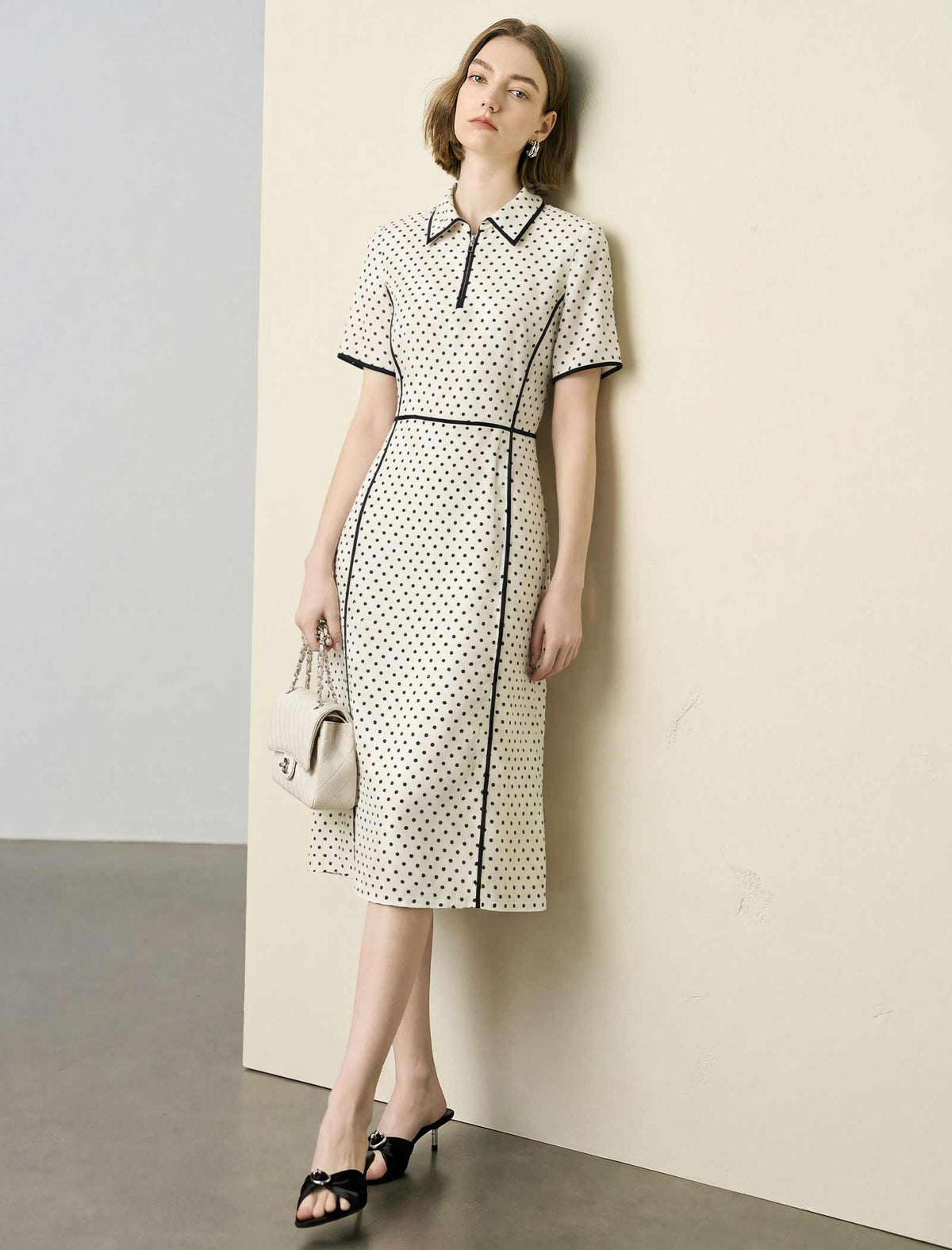 Ivory Polka Dot Contrast Trim Midi Shirt Dress