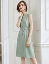 Sage Green Belted Sleeveless Midi Sheath Dress
