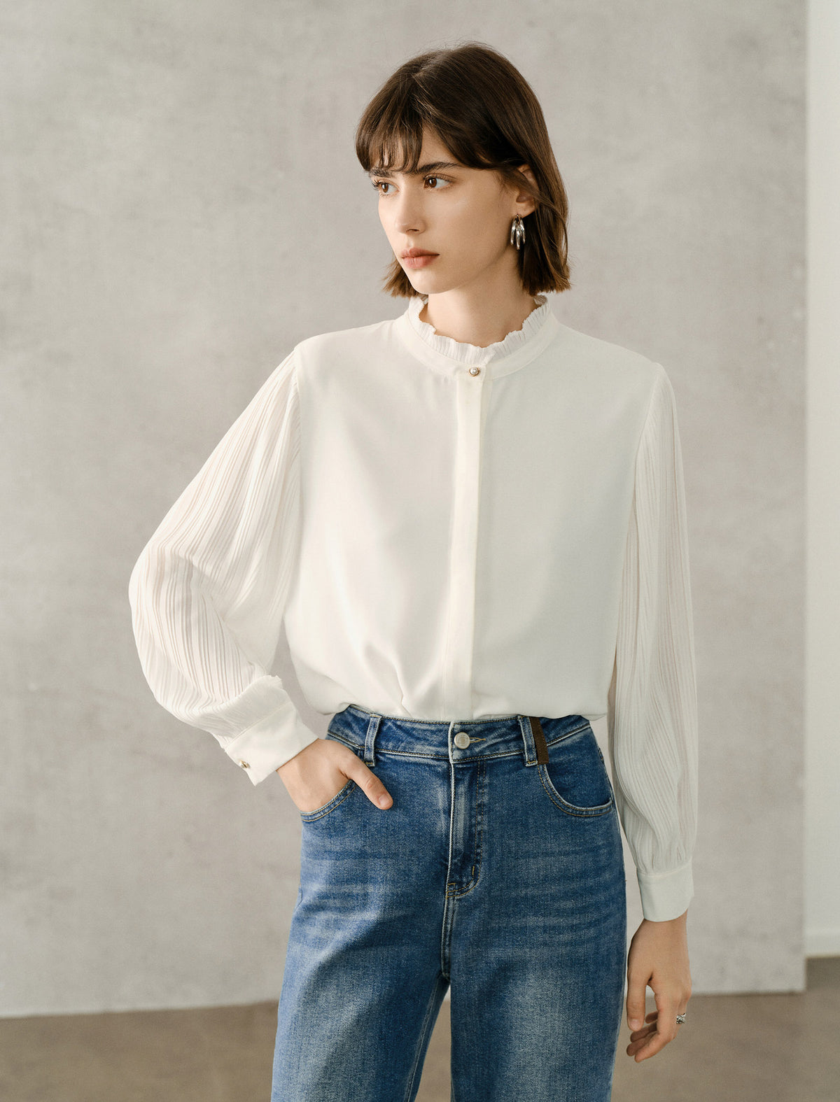 Frill Mock Neck Semi-Sheer Sleeve Blouse
