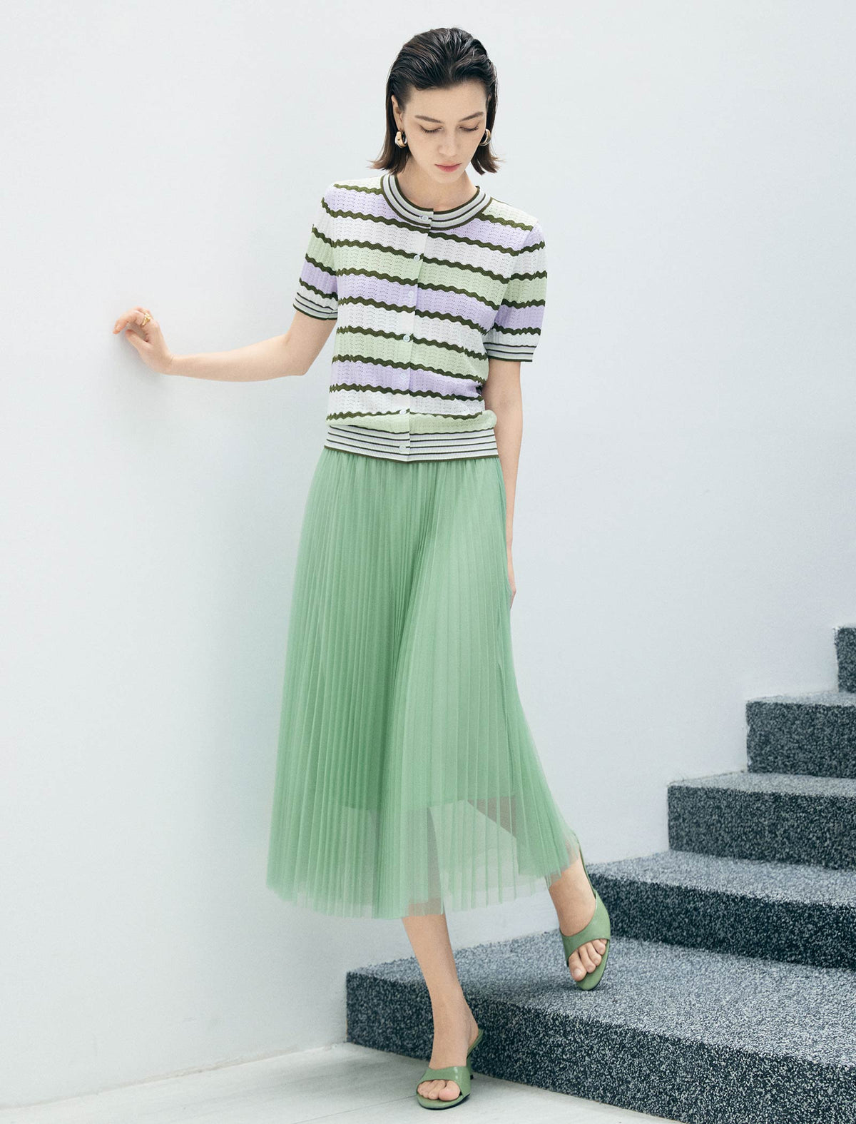 Pastel Striped Short-Sleeve Knit Cardigan