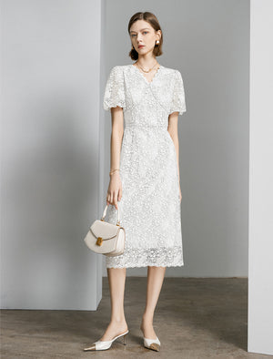 Lace Floral V-Neck Puff Sleeve Midi Dress