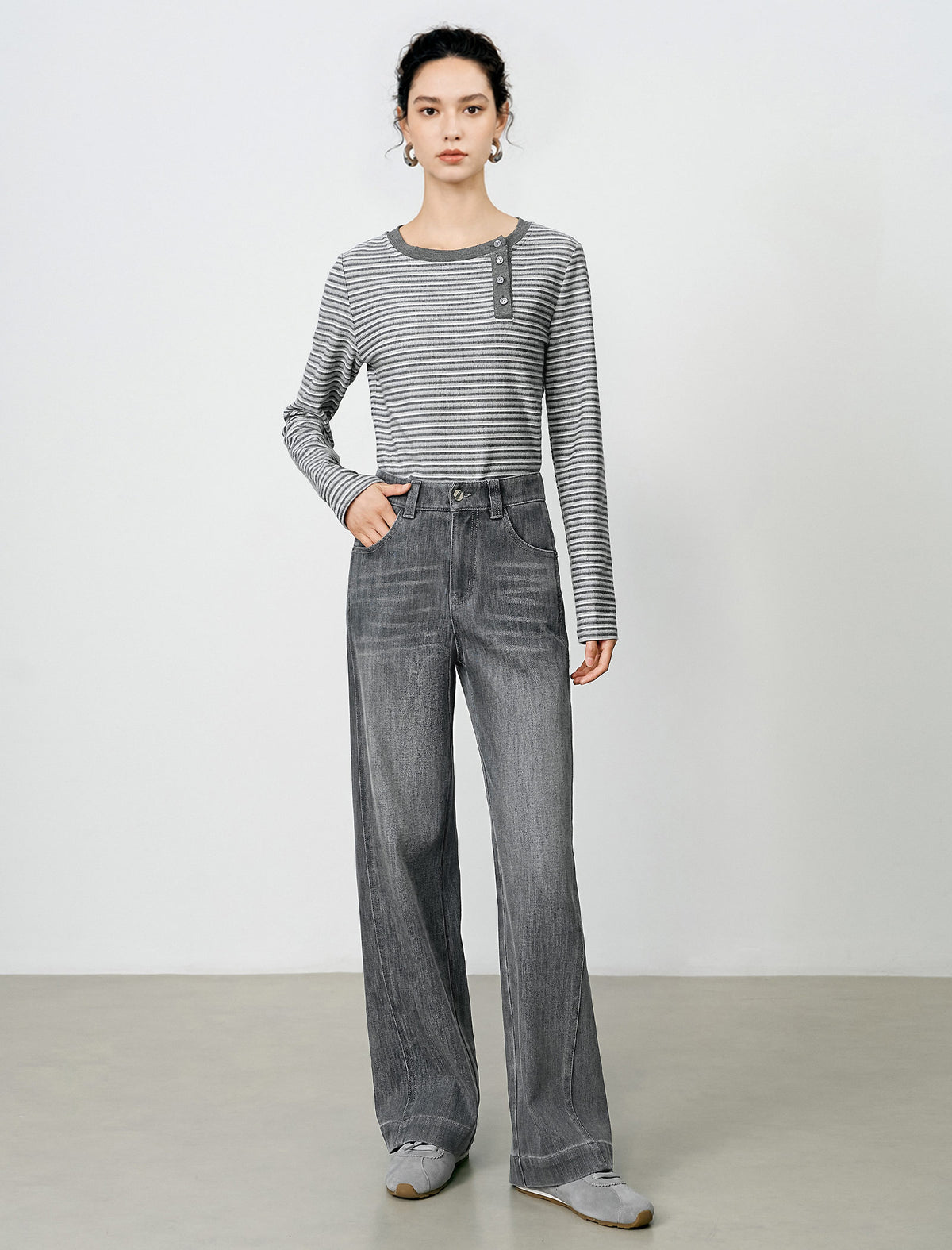 Side-Button Striped Long-Sleeve Knit Top