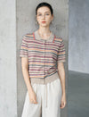 Vintage Striped Collared Short Sleeve Knit Cardigan Top