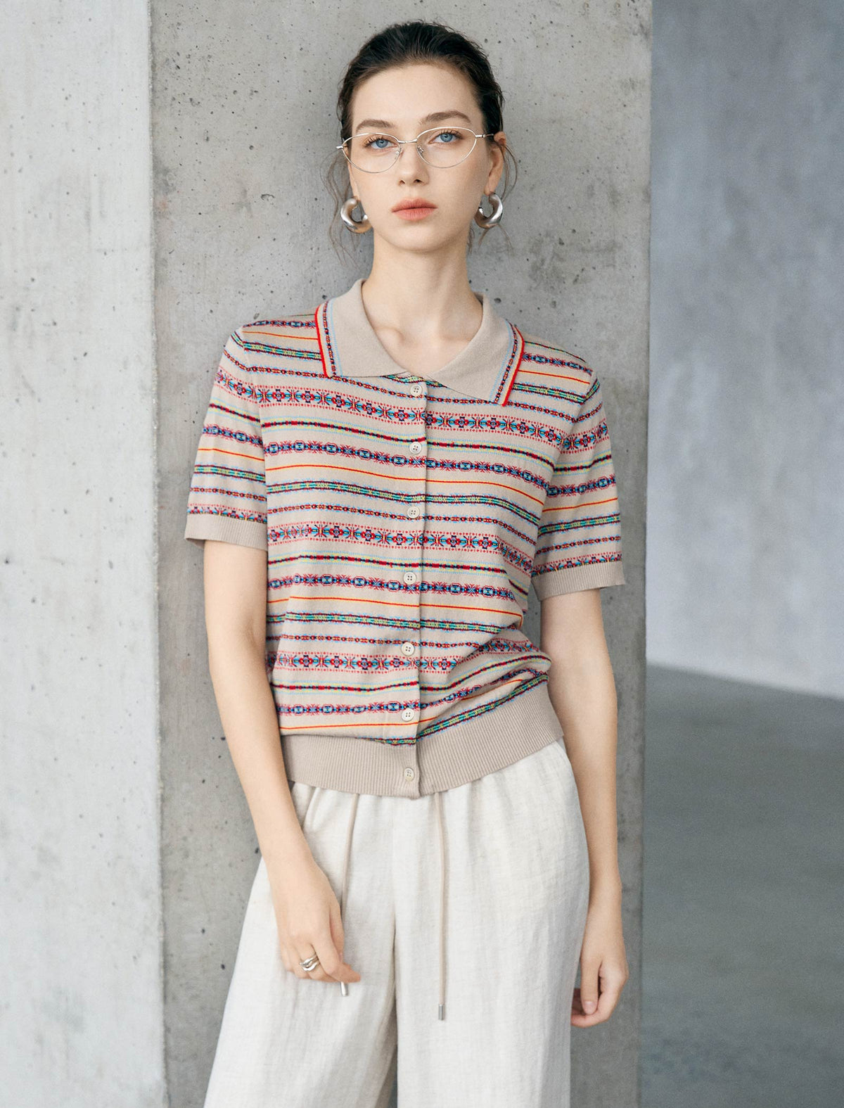 Vintage Striped Collared Short Sleeve Knit Cardigan Top