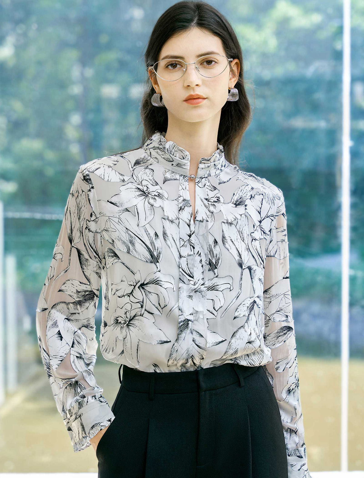 Ruffled Stand‑Collar Floral Print Blouse