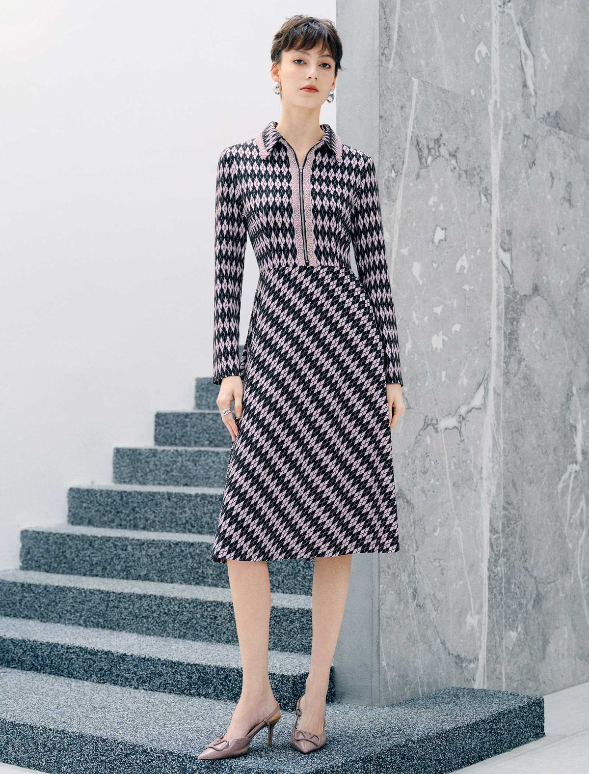 Geometric Plaid Zip Collar Long Sleeve A-Line Dress