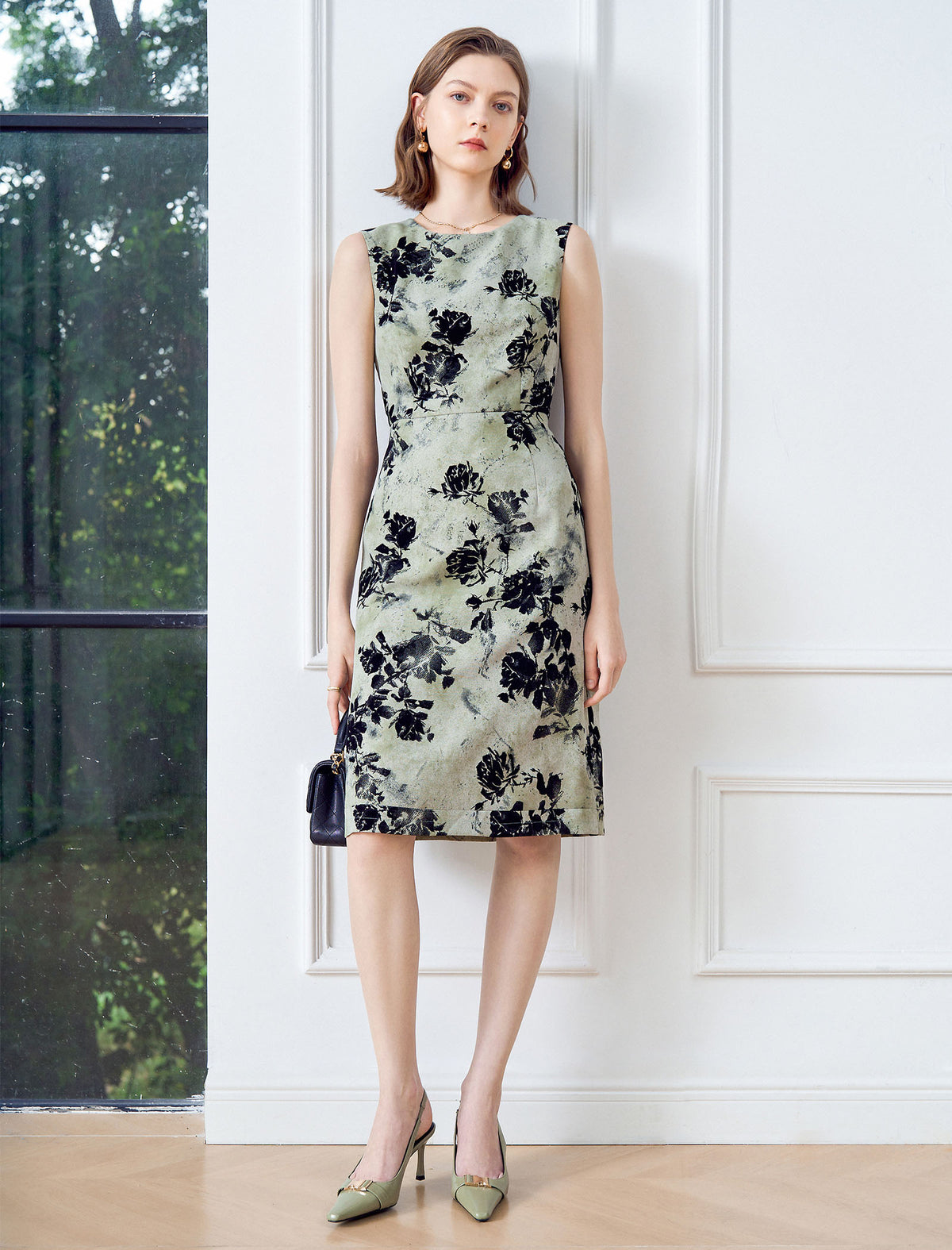 Sage Floral Ink Print Sleeveless Sheath Dress