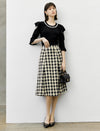 High Waist Pleated Houndstooth Midi Skirt