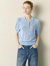 Puff Sleeve Polo Knit Top with Embroidery