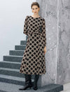 Geometric Print Crewneck Twist-Waist Long Sleeve A-Line Midi Dress